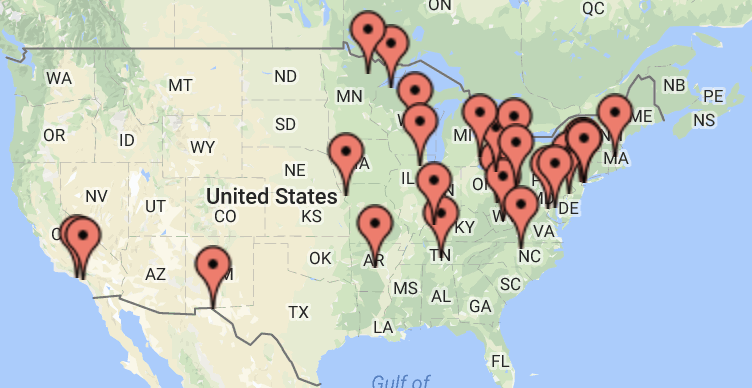 Map of the United States pinpointing the location of memories from the movie memory project.